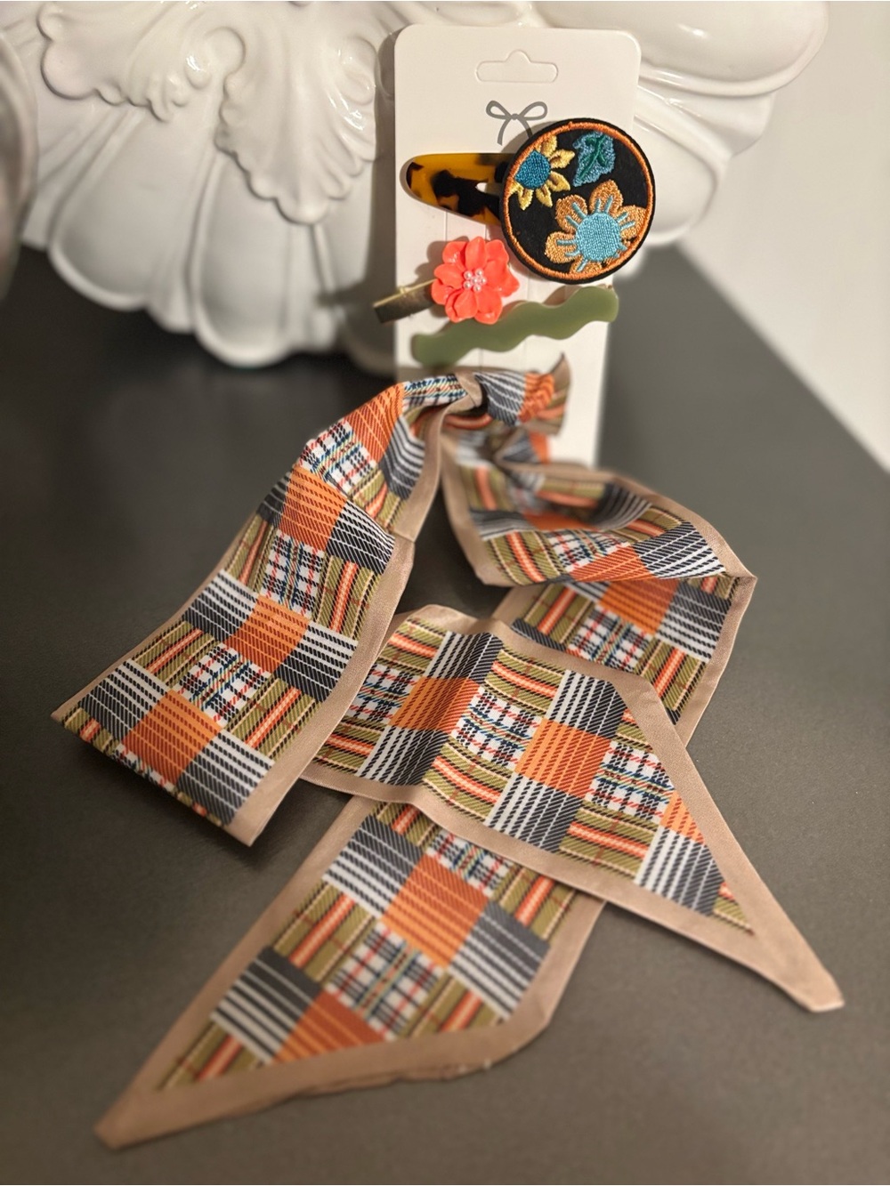 Orange brown & green Bohemian style hair clips & scarf